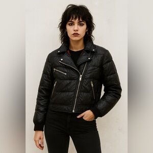 Vintage Coffee Shop Down Feather Puffer Moto Jacket Black Medium